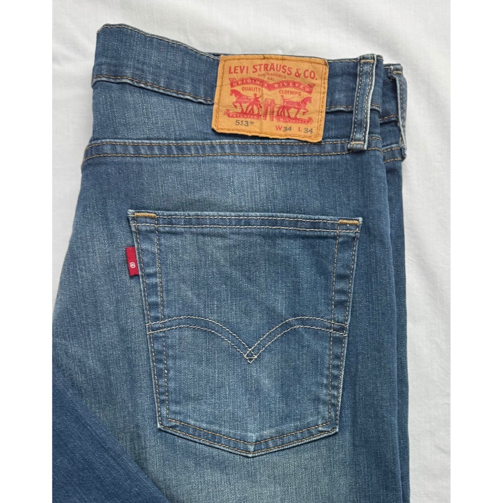 Levis 513 Slim Straight Jeans Mens 34x34 Blue Denim Stretch Medium Wash - Picture 2 of 16